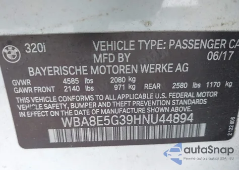 2017 BMW 320I xDrive from USA, damaged, VIN WBA8E5G39HNU44894